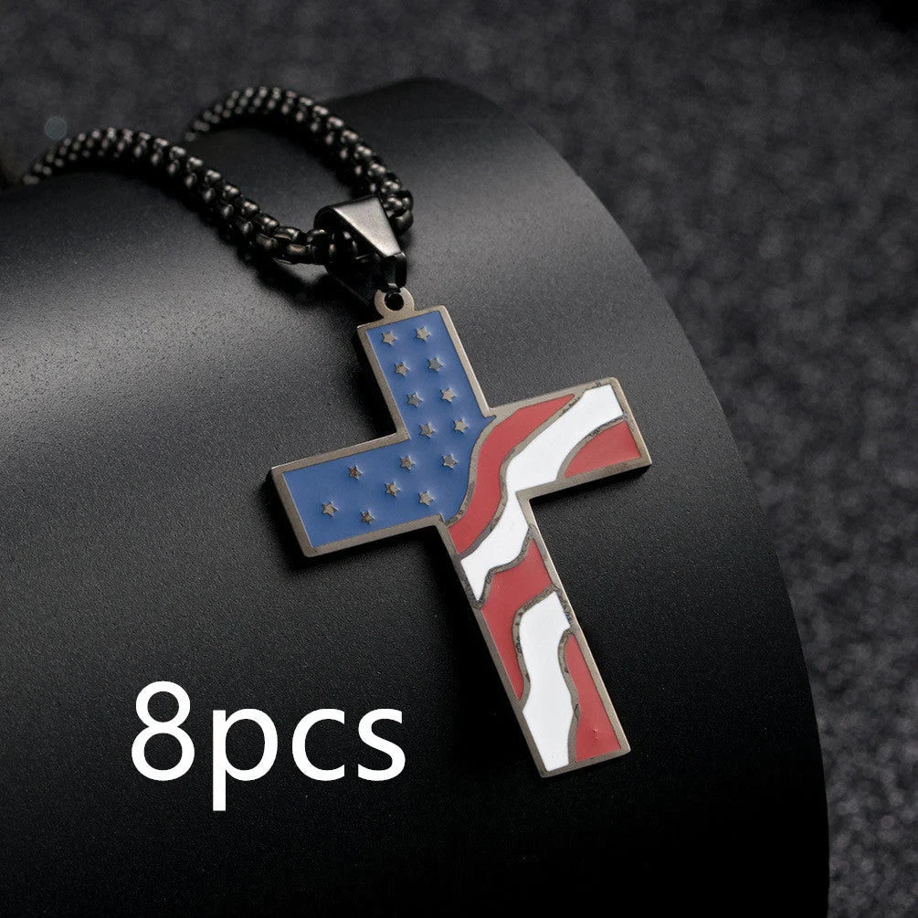 Stainless steel flag cross necklace for men, geometric design, polished finish.
