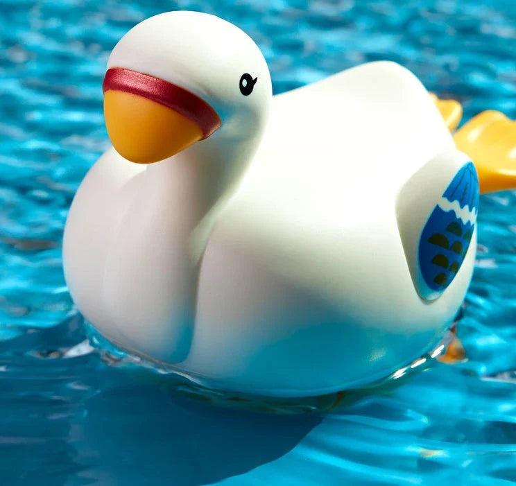 Charming wind-up bath toys featuring a goose and dolphin design, made of durable ABS plastic for safe and fun water play