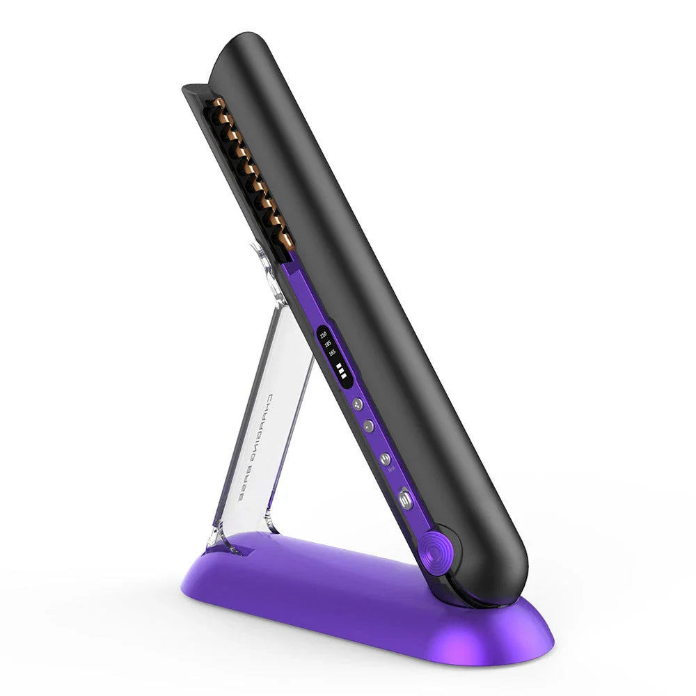 Cordless ceramic straightening and curling iron with rechargeable battery and adjustable heat settings