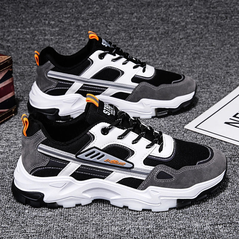 Men's black and white lace-up sneakers with breathable mesh for running
