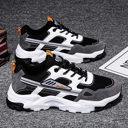 Men's black and white lace-up sneakers with breathable mesh for running