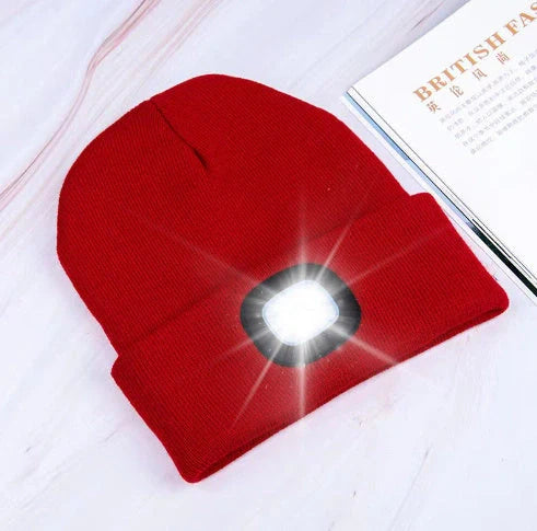 LED Knit Hat with built-in light for night visibility, made from 100% wool