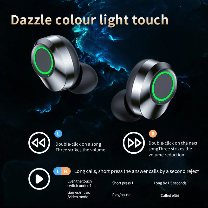 Wireless Bluetooth earbuds with digital display, showing different color and style options