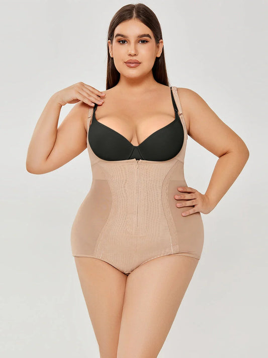 Women's slimming shapewear bodysuit in black and apricot for tummy control and a smooth silhouette.