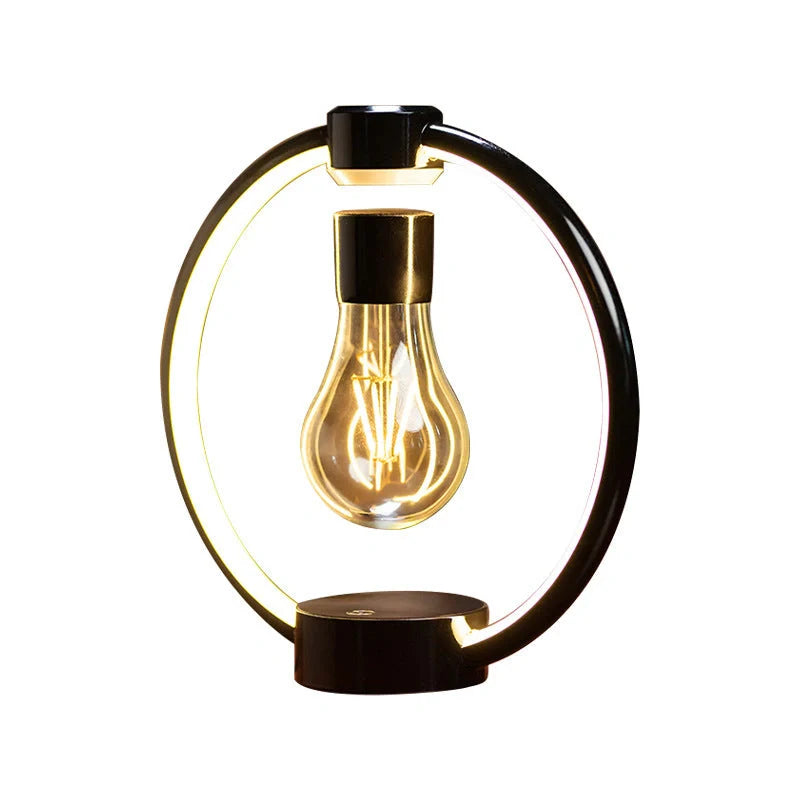 Magnetic Levitation Bulb floating above its base with a black metal shade