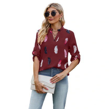 V-neck feather printed loose shirt in various colours