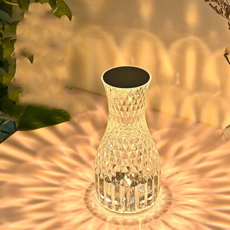 Vase Shape Atmosphere Crystal Lamp with USB charging and remote control on a bedside table