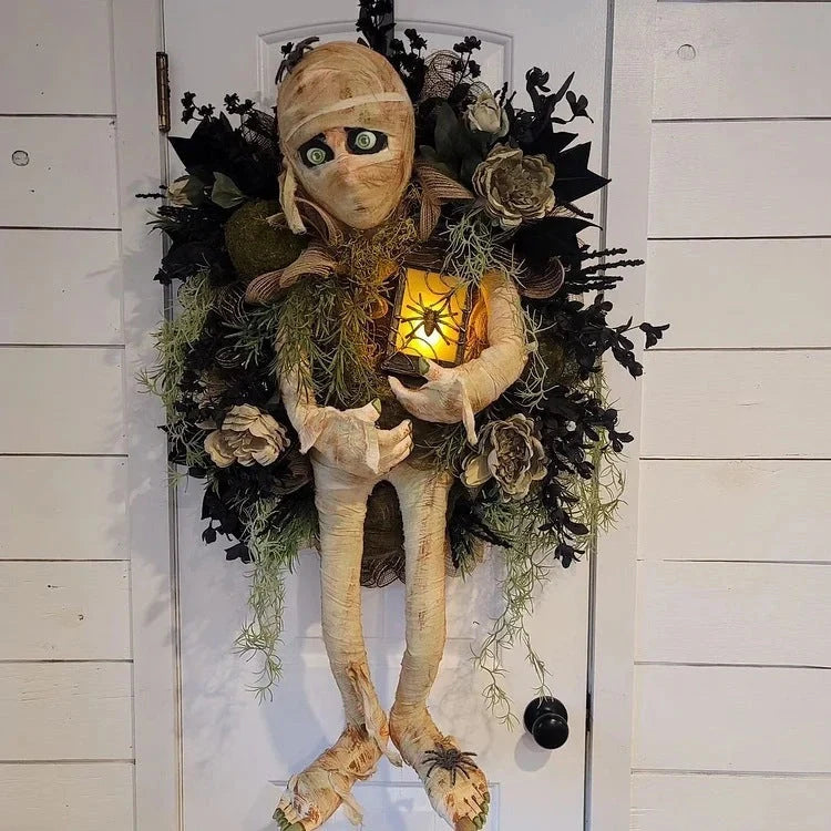 Mummy Halloween Wreath with realistic skeleton hands for door decoration