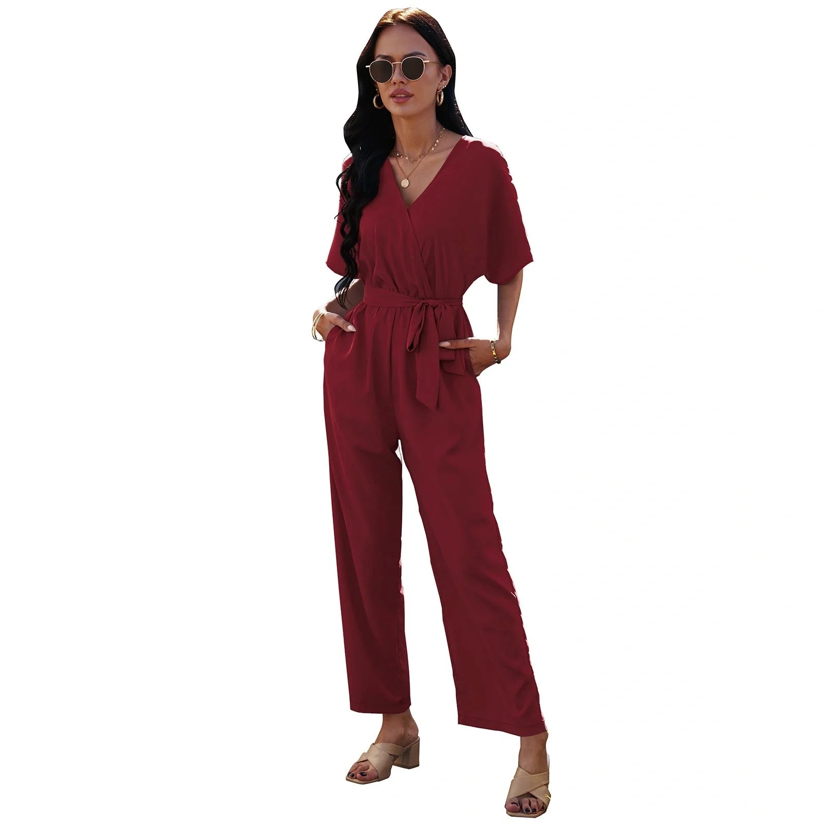 Women's V-neck tie waist jumpsuit in solid colours for summer wear