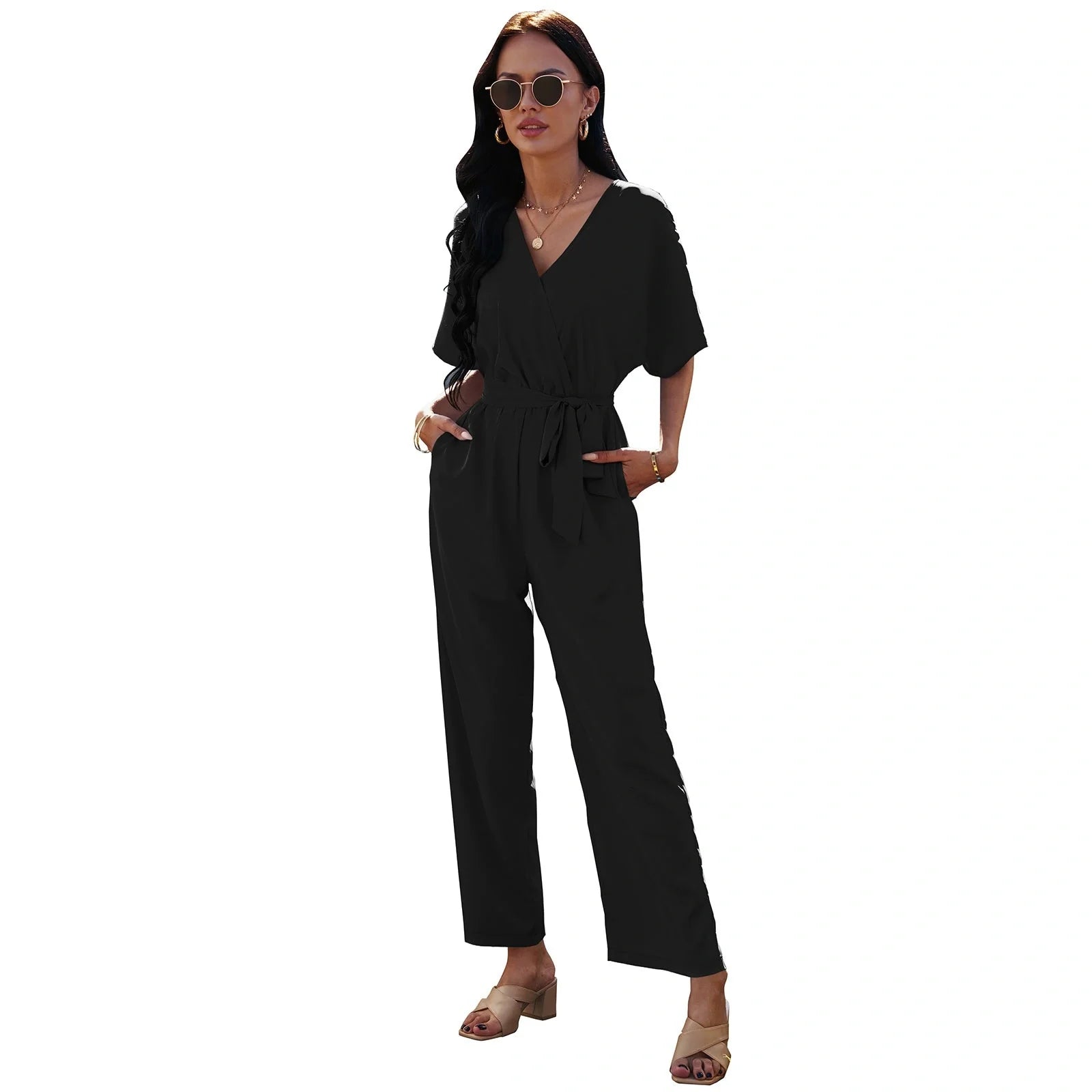 Women's V-neck tie waist jumpsuit in solid colours for summer wear