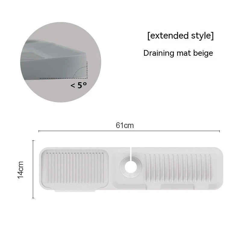 Premium silicone faucet splash guard with sloped design and dual drainage channels to prevent sink splashes and keep countertops dry.
