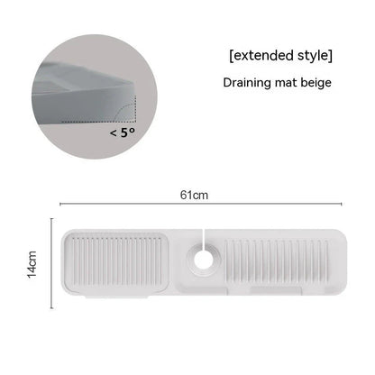 Premium silicone faucet splash guard with sloped design and dual drainage channels to prevent sink splashes and keep countertops dry.