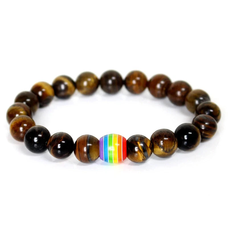 Pride Rainbow Bead Bracelet featuring natural stones in vibrant colours, perfect for unisex wear.