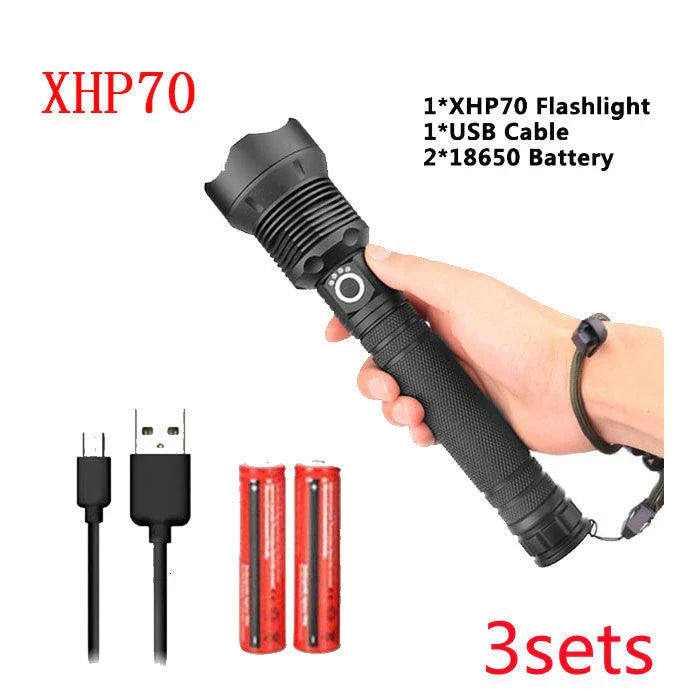 A durable, waterproof USB rechargeable flashlight with adjustable zoom and powerful LED light.