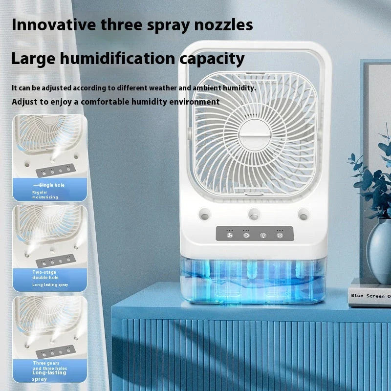 USB rechargeable cooling fan with water tank, adjustable airflow, and colorful night lights for enhanced indoor climate control
