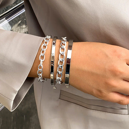 Simple and Elegant C-Shaped Hollow Chain Bracelet Set in Gold and Silver