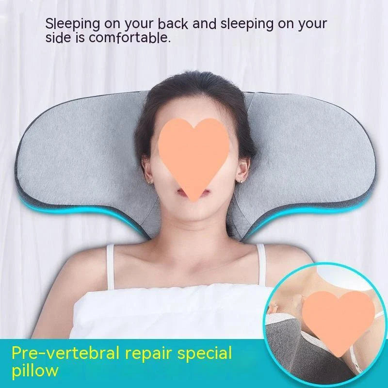 Cozy contoured memory foam pillow with gray cover, providing optimal neck support and comfort for a restful night's sleep.