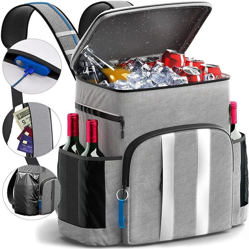 Premium refrigerated backpack in grey and black colours, perfect for picnics and outdoor adventures in the British countryside