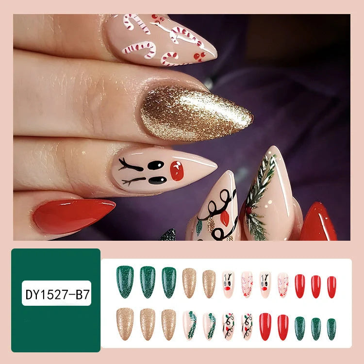 24pcs Christmas false nails with hat striped snowflake design for holiday parties
