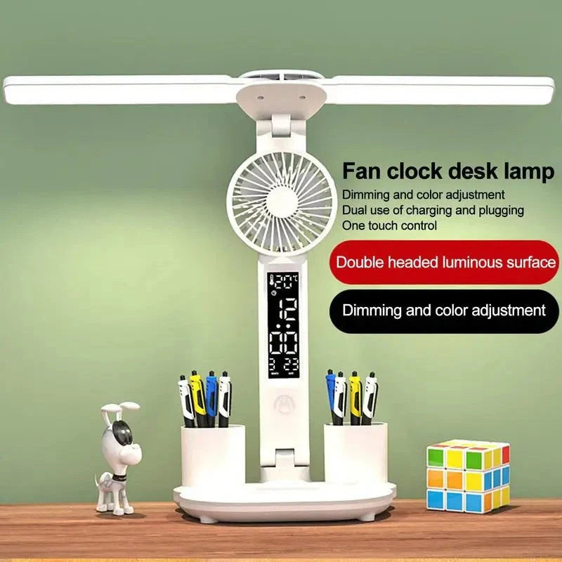 Foldable LED desk lamp with fan, thermometer, and pen holder on a tidy desk