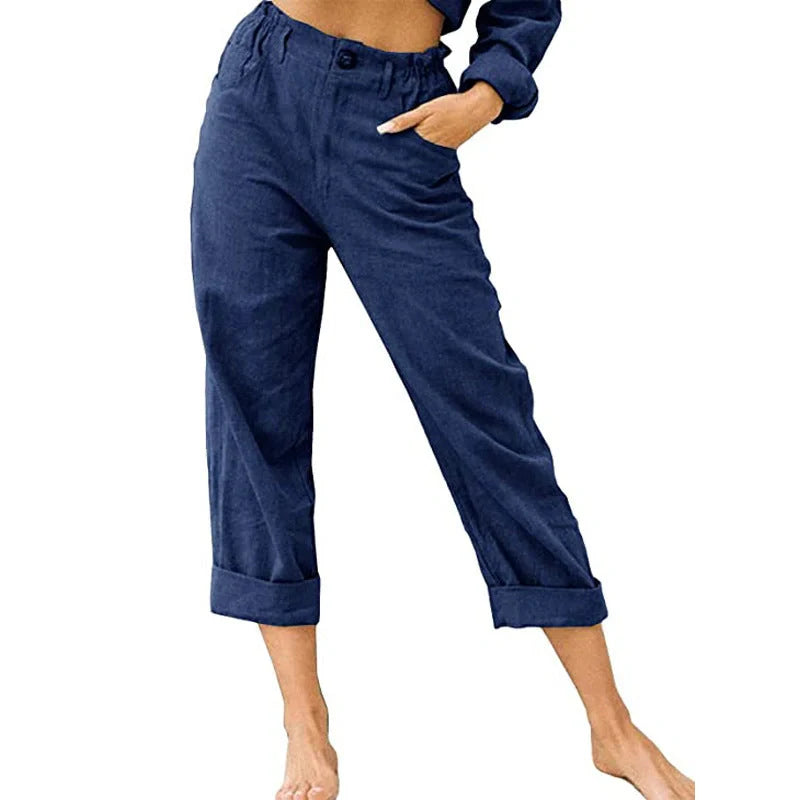 Women's cotton linen patchwork pants with drawstring back and elastic waist in various colours