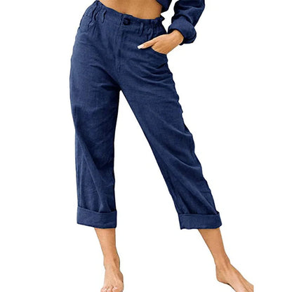 Women's cotton linen patchwork pants with drawstring back and elastic waist in various colours