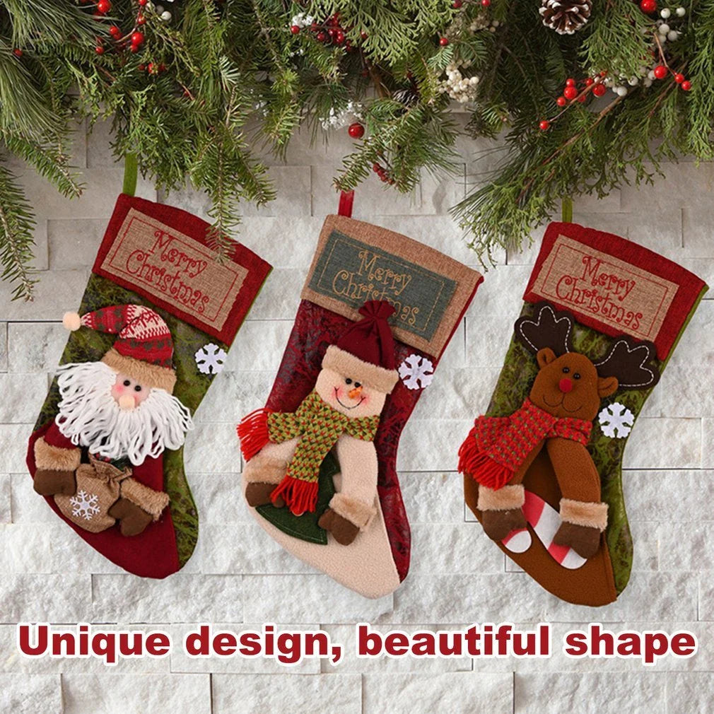 Festive Christmas stockings with 3D appliqués of snowmen, Santa Claus, and elk