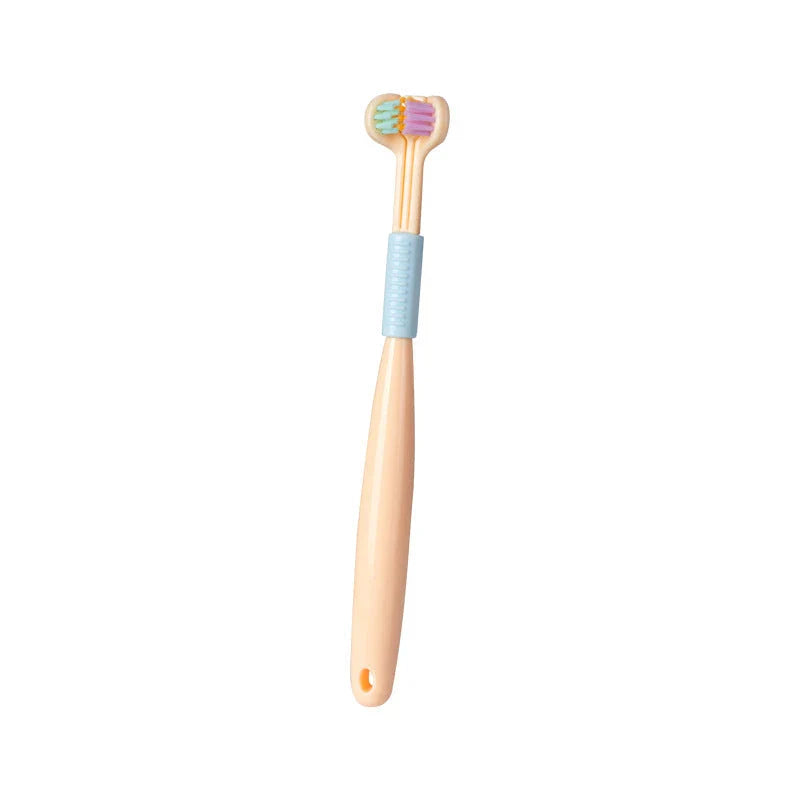 Soft bristle toothbrush with 3-sided brush head for thorough dental cleaning