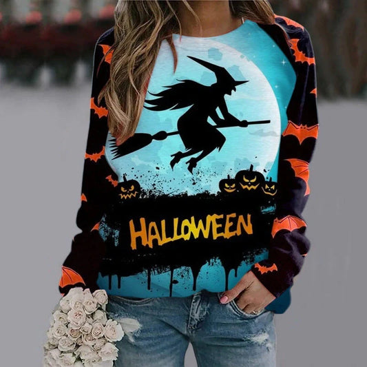 Halloween Cartoon Print Sweatshirt for women with long sleeves and unique designs