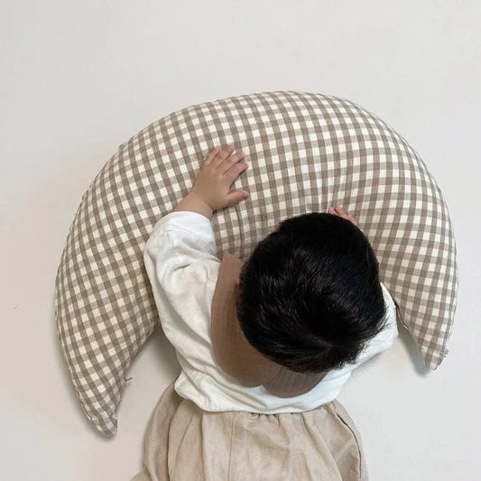 Moon-shaped plaid cotton nursing pillow for newborns, available in yellow, green, and brown
