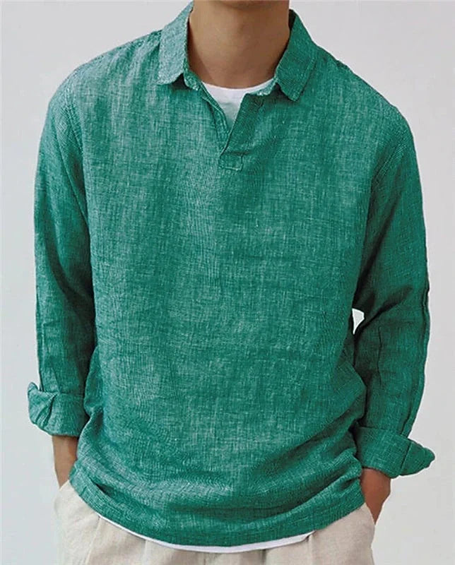 Men's European retro style cotton blend lapel pullover shirt in rose red, dark green, and gray