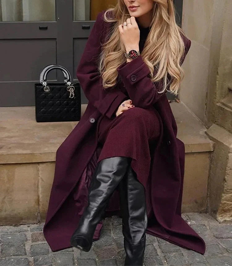 Women's wine red double-breasted woolen trench coat with belt, perfect for winter