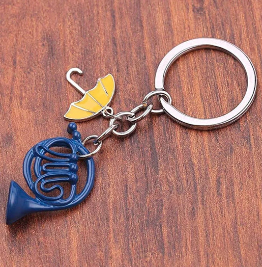 Blue French Horn and Yellow Umbrella Keychain - durable and vibrant