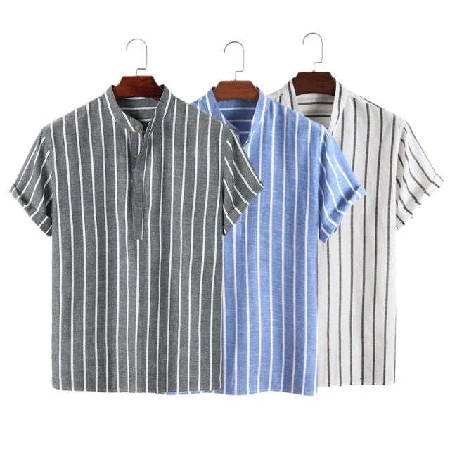 Men's striped cotton short sleeve shirt in white, red, grey, and blue