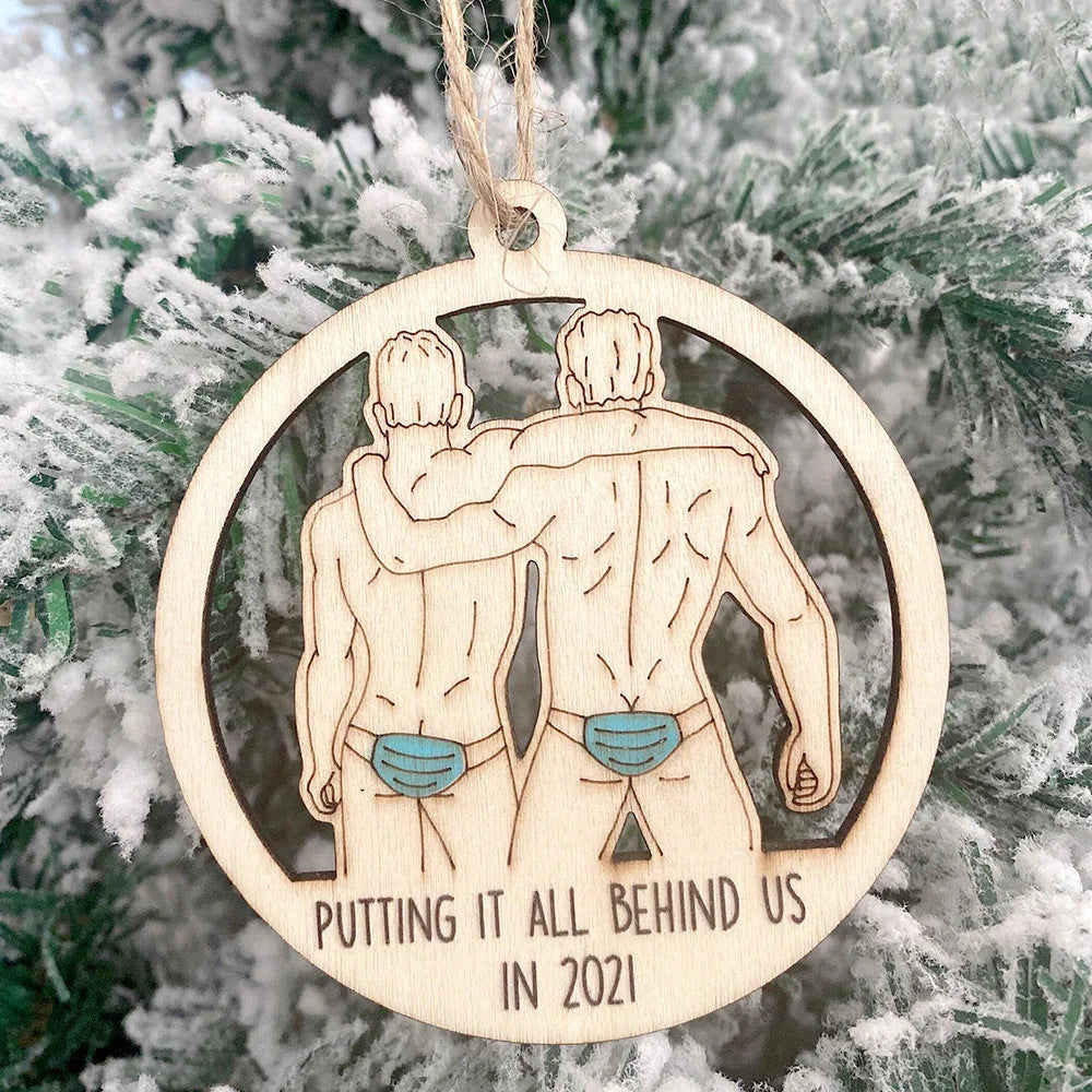 Wooden Hollowed-out Christmas Tree Pendant with snowman and deer design