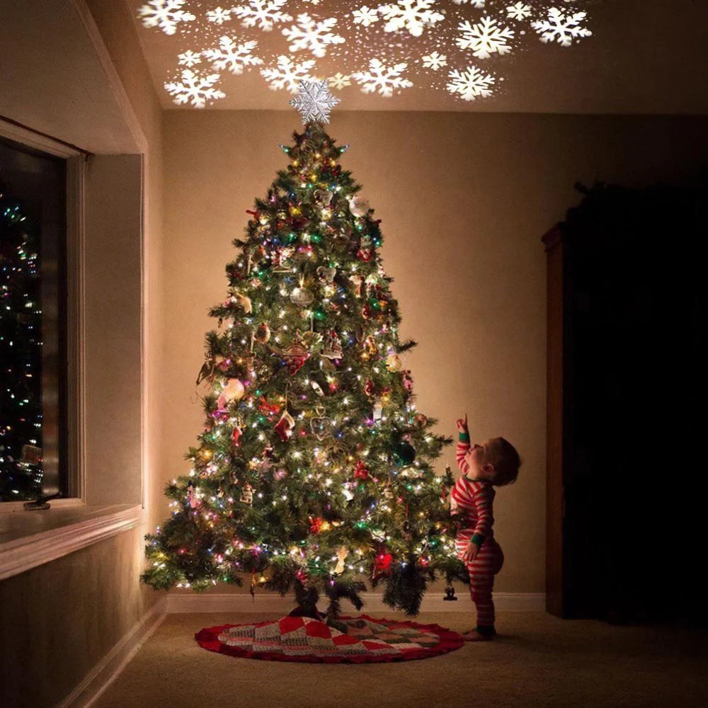 LED Projection Christmas Tree Topper with snowflake and star designs for festive decoration