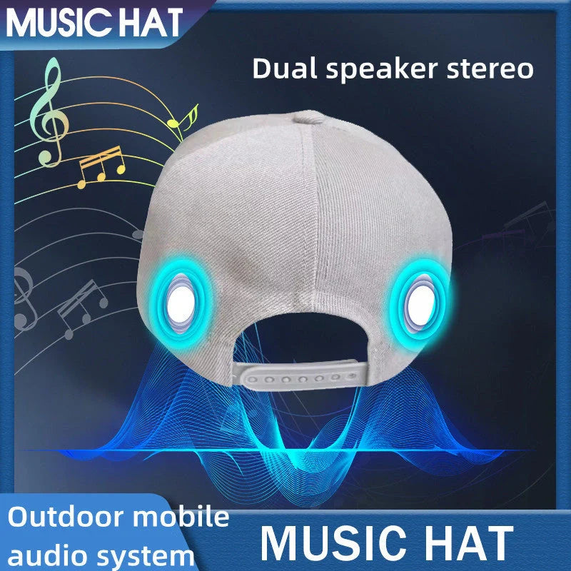 Bluetooth-compatible music hat in black and light grey with adjustable sizing
