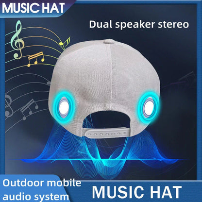 Bluetooth-compatible music hat in black and light grey with adjustable sizing