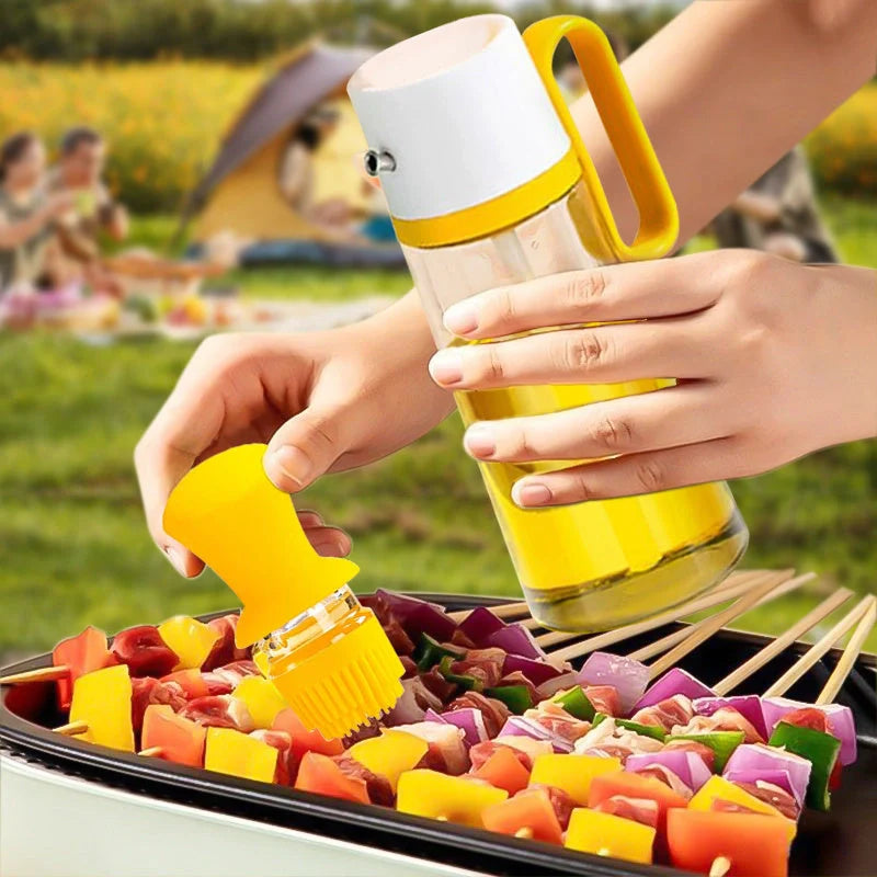 2-in-1 oil dispenser with silicone brush for BBQ and cooking, available in yellow, green, and brown