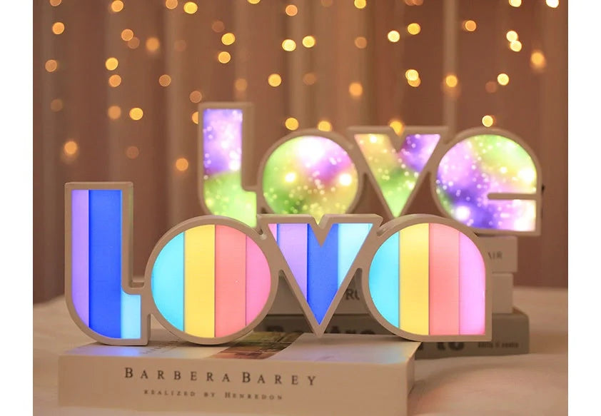 Rainbow-style LED LOVE light with "LOVE" design for romantic and festive decor