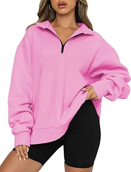 Women's zip turndown collar loose casual sweatshirt in various colours
