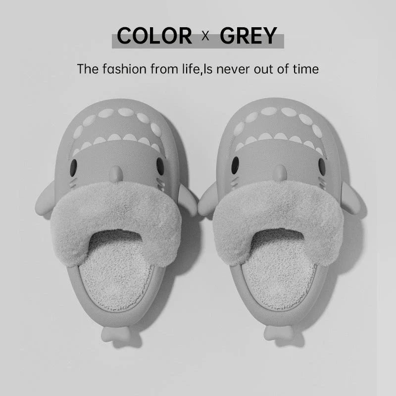 Cozy Shark Slippers with plush, fuzzy interior and thick, non-slip sole for comfortable, warm house shoes