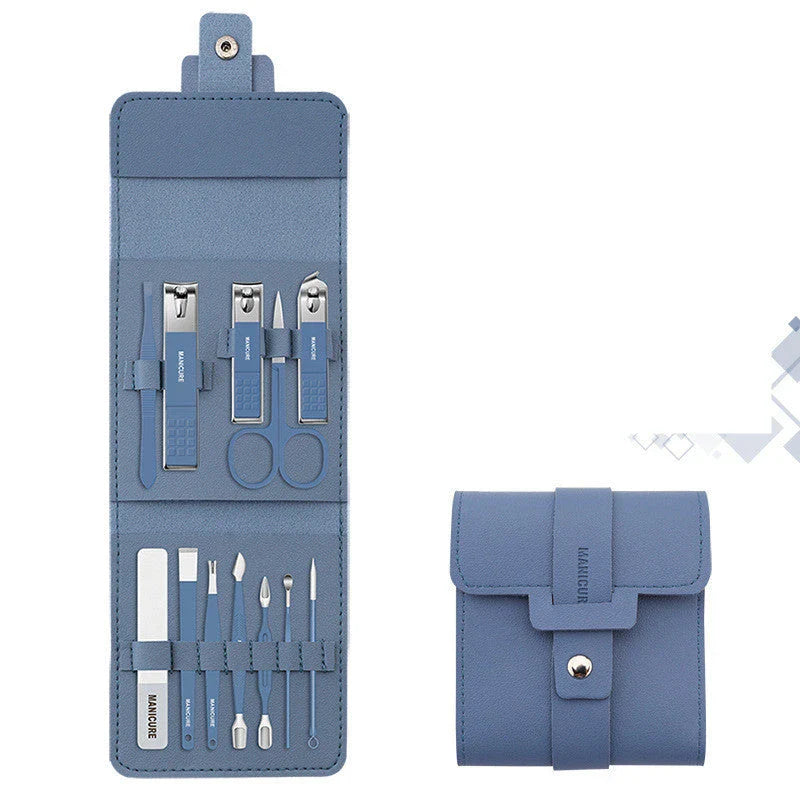 A 16-piece premium manicure and pedicure set with stainless steel tools and a stylish leather case