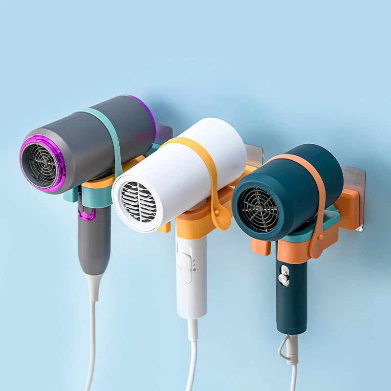 Wall-mounted hairdryer rack with silicone fixing belt and 180° rotation