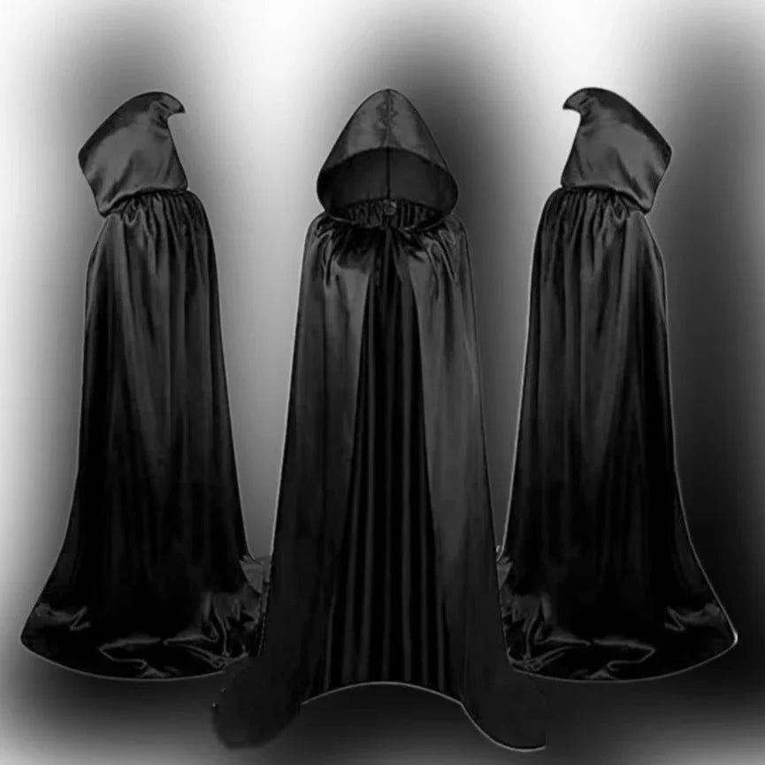 Premium wizard capes in black, gold, and purple with hooded designs, perfect for Halloween costume parties and dress-up events.