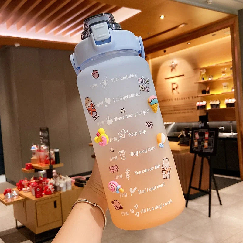 2000ml gradient colour water bottle with straw and stickers, leak-proof design