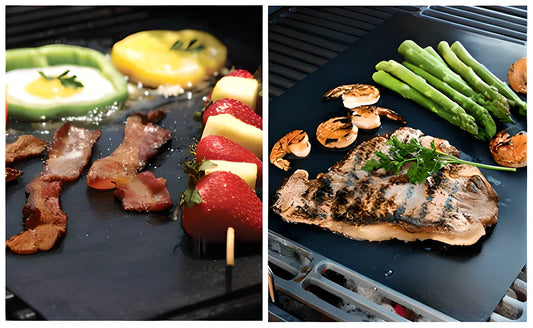 Two black nonstick BBQ grill mats on a grill, perfect for retaining juices and flavours while preventing food loss.