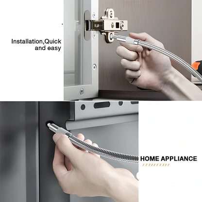 A flexible drill bit extender made of soft metal that can be bent, twisted, and rotated to reach tight spaces