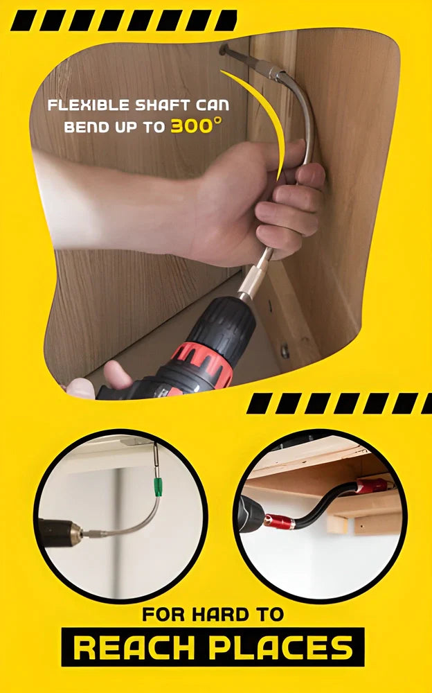 A flexible drill bit extender made of soft metal that can be bent, twisted, and rotated to reach tight spaces