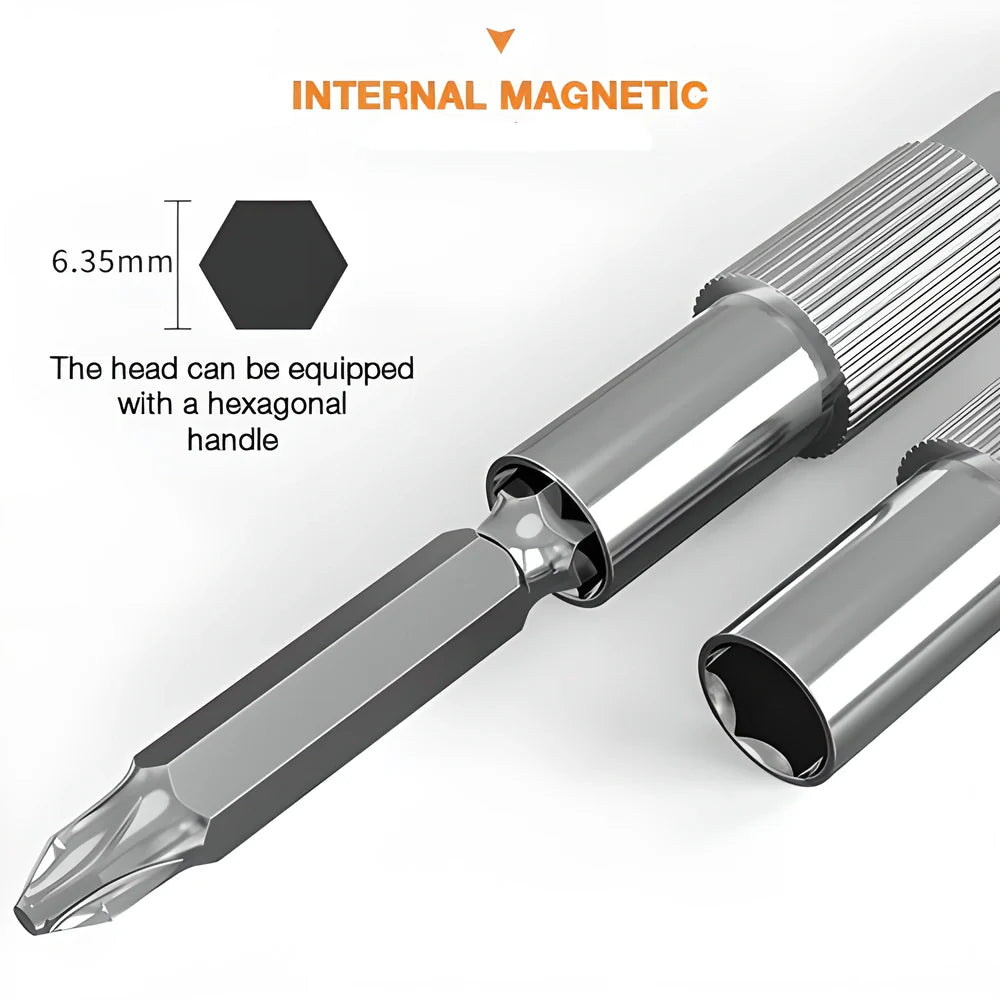 A flexible drill bit extender made of soft metal that can be bent, twisted, and rotated to reach tight spaces